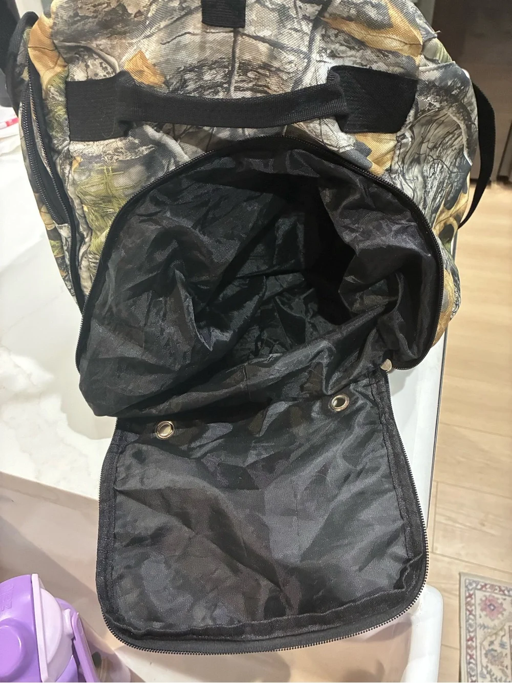 10 pocket Camouflage Duffel Bag with Black Straps, liquid & shoe, compartments